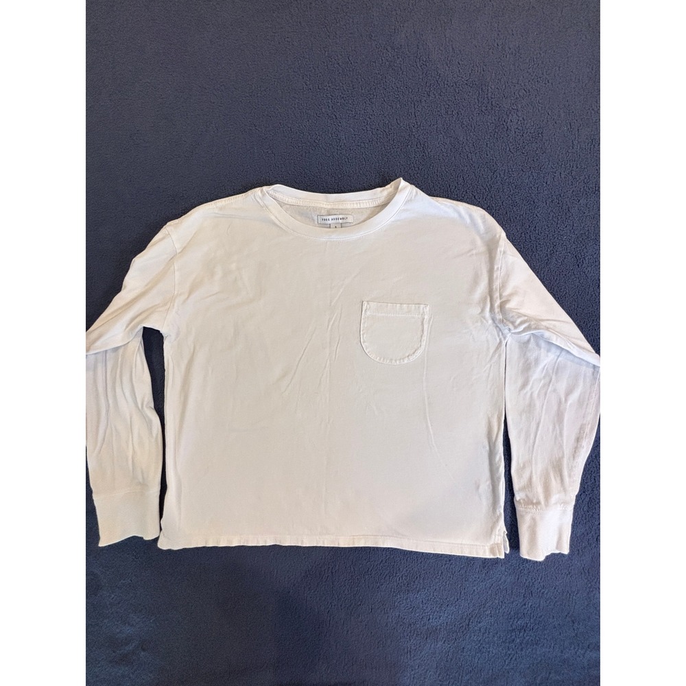 Free Assembly Womens White Long Sleeve Pocket T-Shirt Size S Crew Neck Casual‎